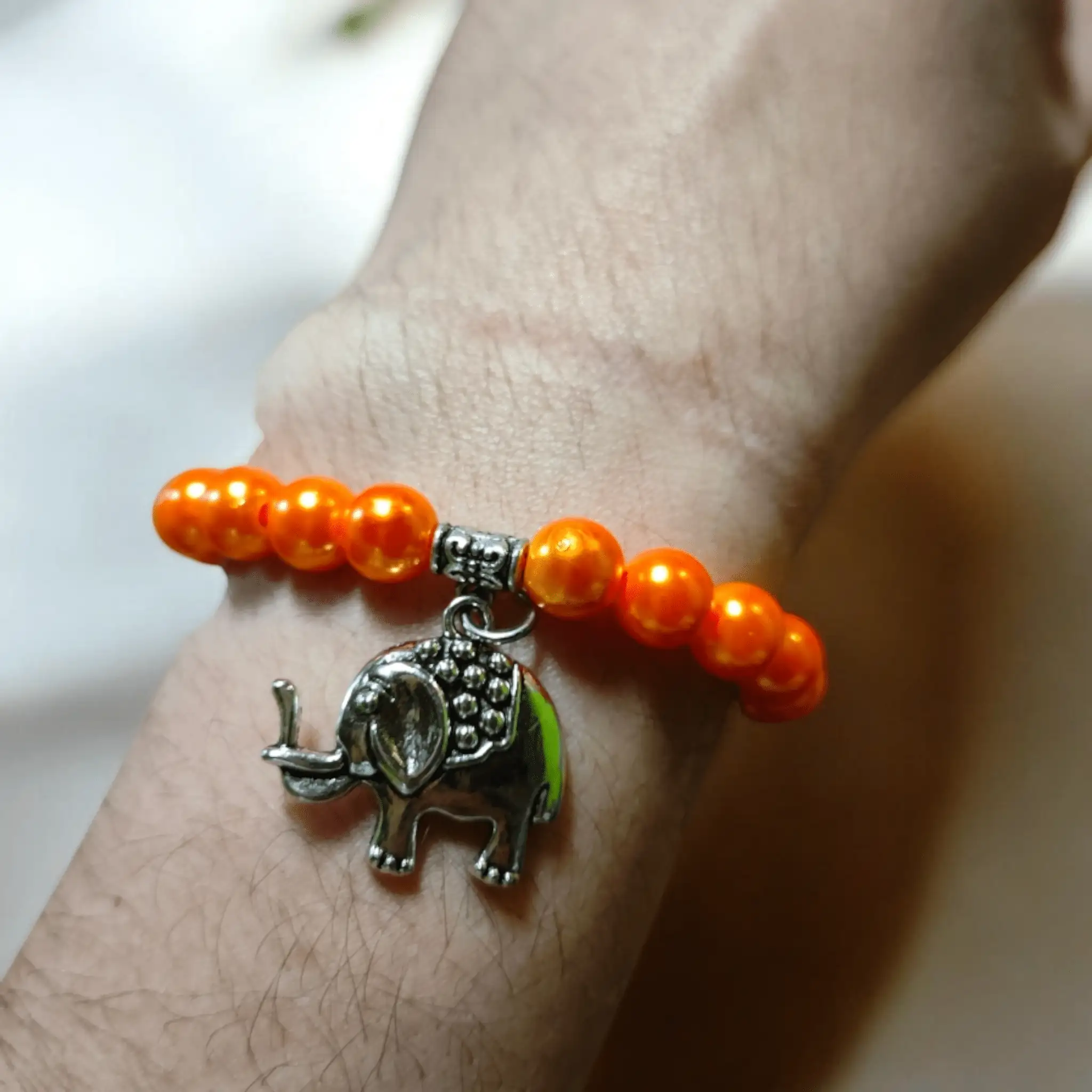 Pulsera Handmade Cuentas Naranja Elefante Acero Inoxidable Ajustable