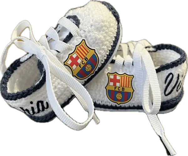 Patucos de fútbol para bebé del equipo de Barcelona (azul marino) de ganchillo personalizados - Imagen 2