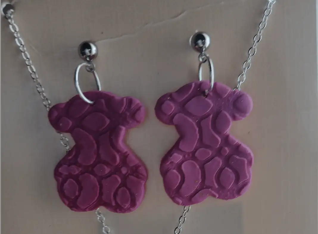 Collar y pendientes osito fucsia - Imagen 2