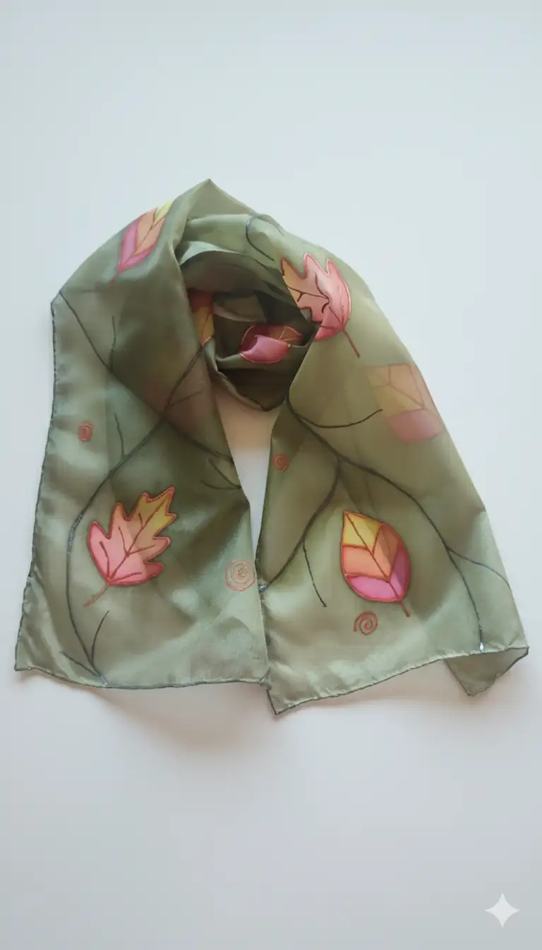 Pañuelo de seda pintado a mano con hojas otoñales en tonos verdes y rosados