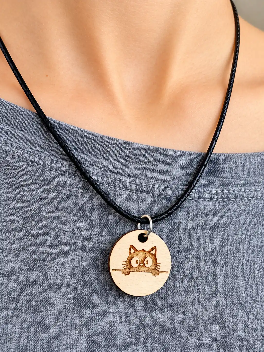Collar en madera natural con detalle de gato o huella - Imagen 2
