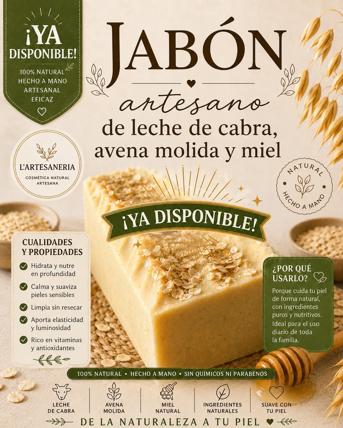 Jabón de leche de cabra, avena y miel - Imagen 3