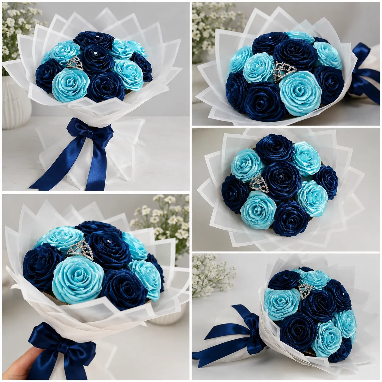 Ramo azul de rosas de raso hecho a mano  - Imagen 2