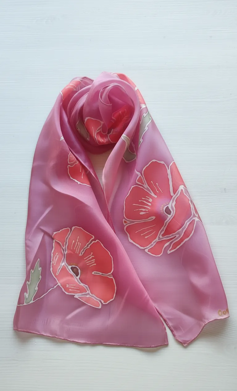 Pañuelo de Seda Natural Amapolas pintado a Mano