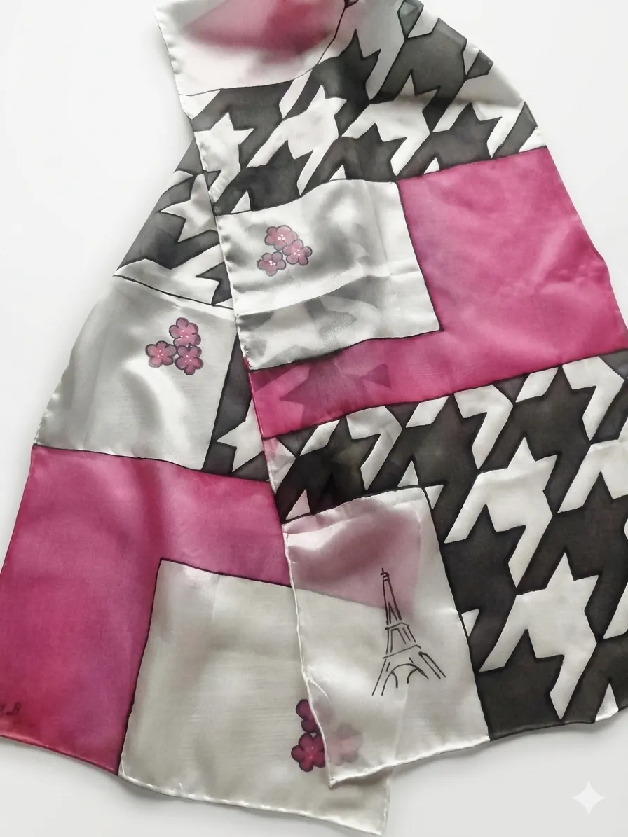 Pañuelo de Seda Natural "París Chic" – Pata de Gallo y Fucsia - Imagen 4