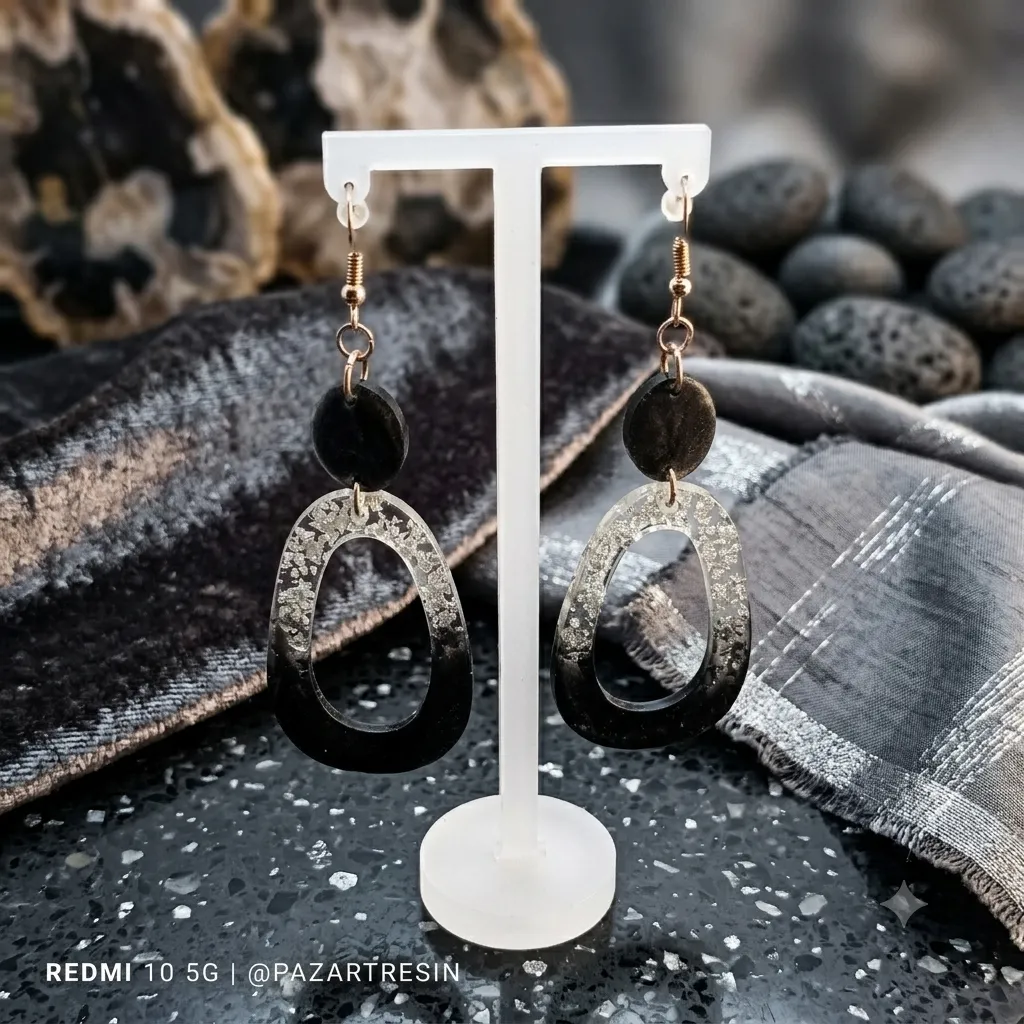 Pendientes Ovalados Negro y Plata - Imagen 2