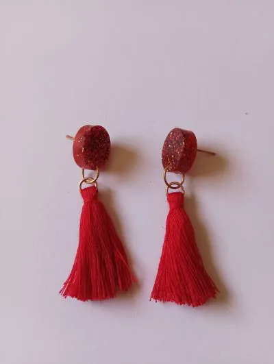 Pendientes Botón Borlón Rojo