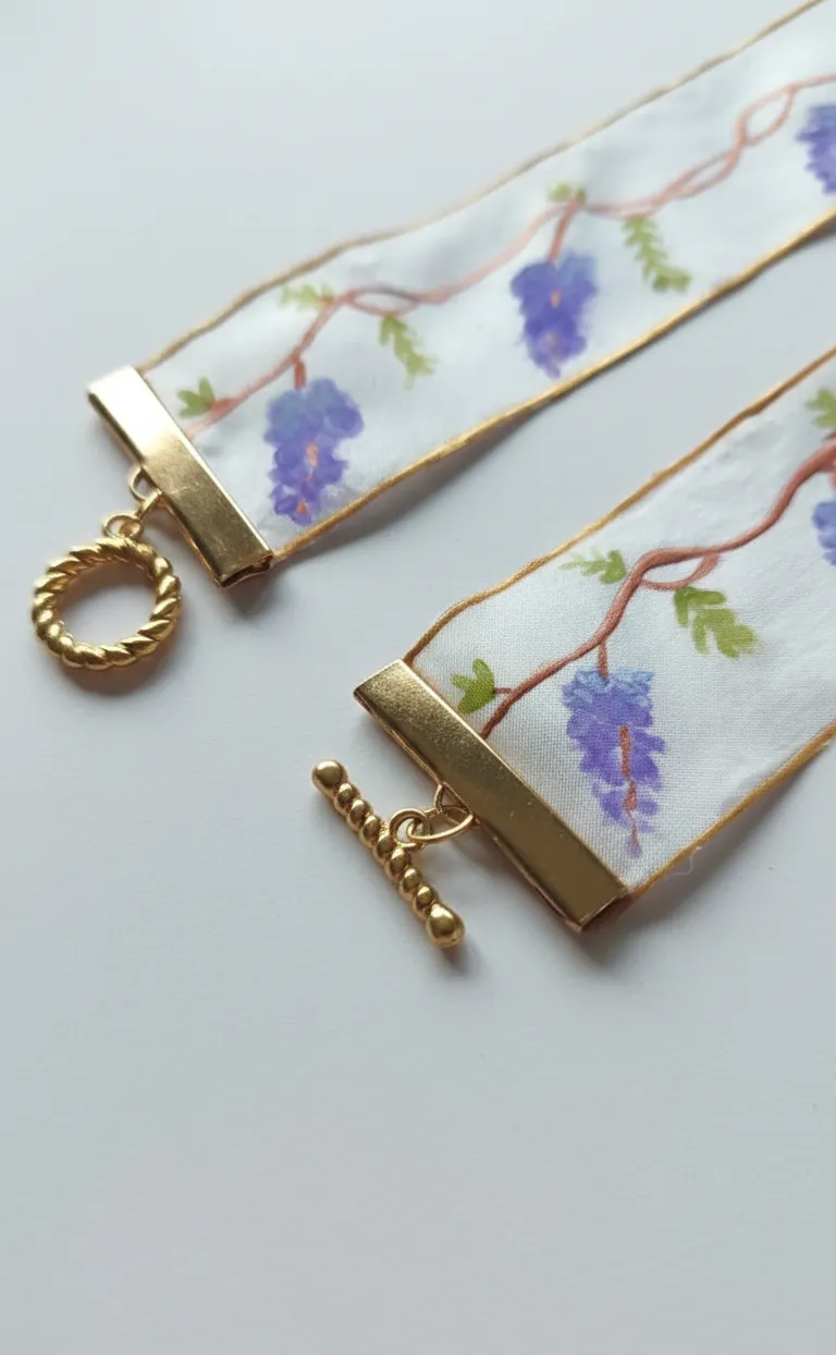 Pulsera de Seda pintada a mano con Diseño de Glicinias y Cierre chapado en oro - Imagen 2