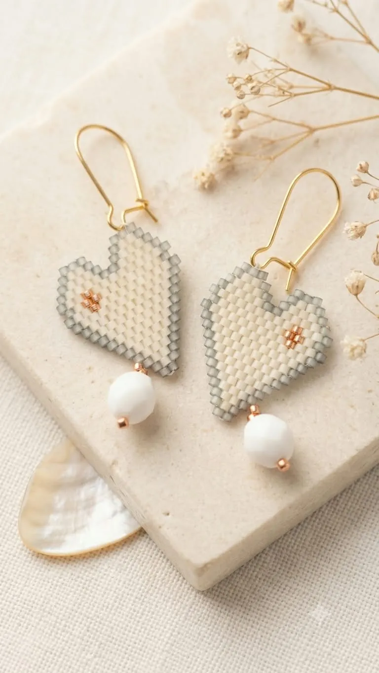 Pendientes corazón blanco con delicas miyuki