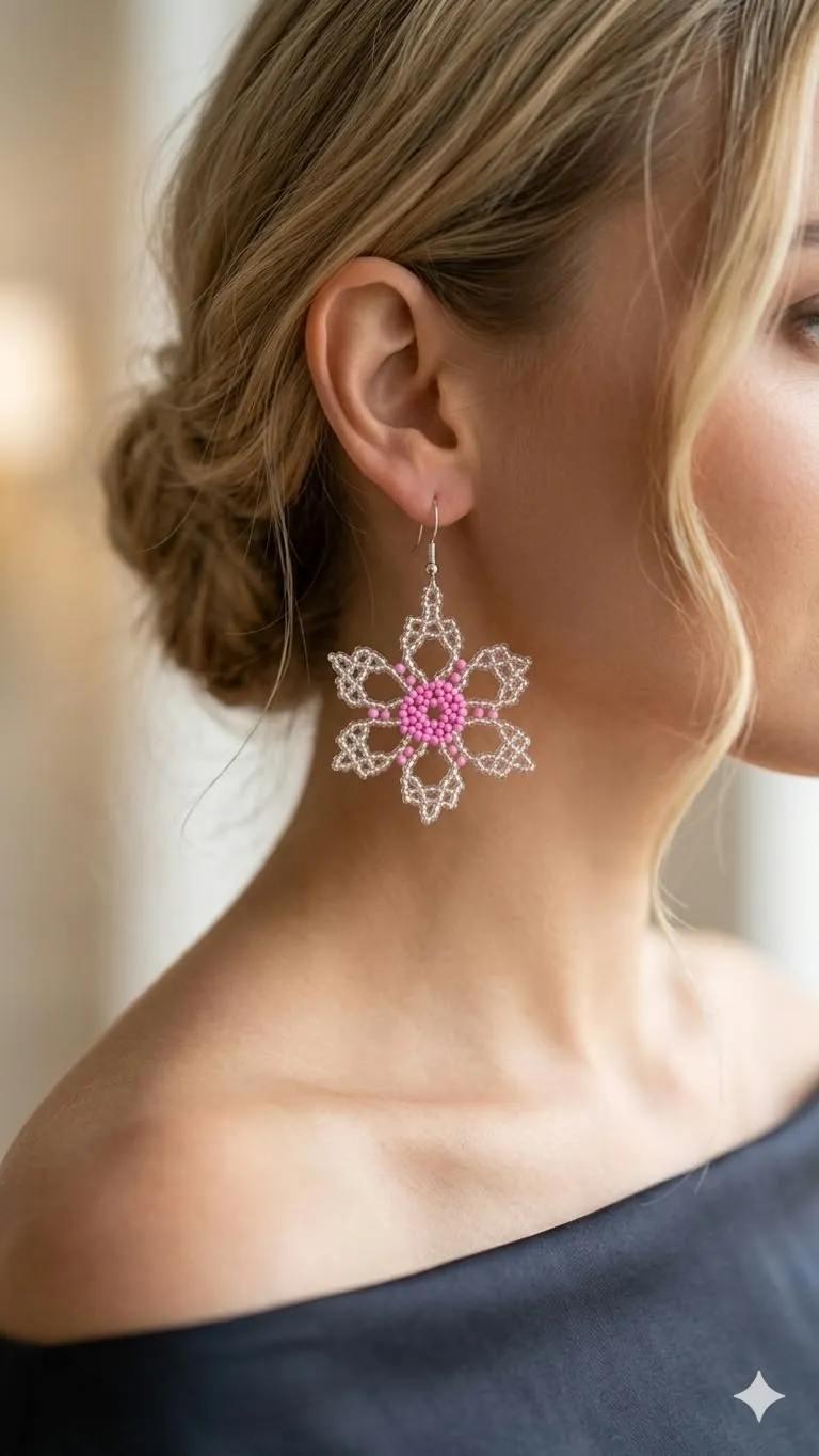 Pendientes flor rosa con mostacillas