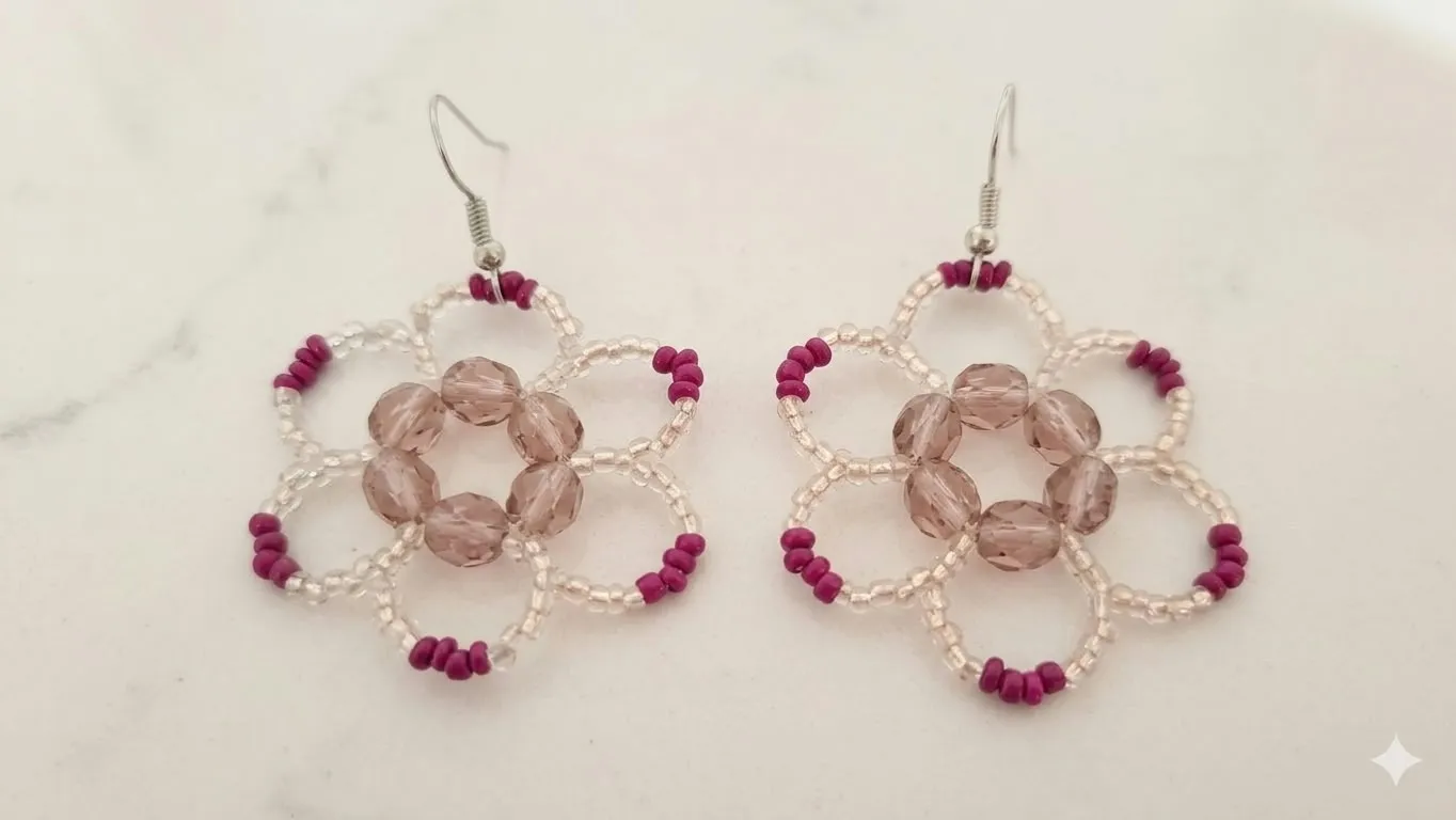 Pendientes flor rosa de mostacillas o chaquiras - Imagen 2