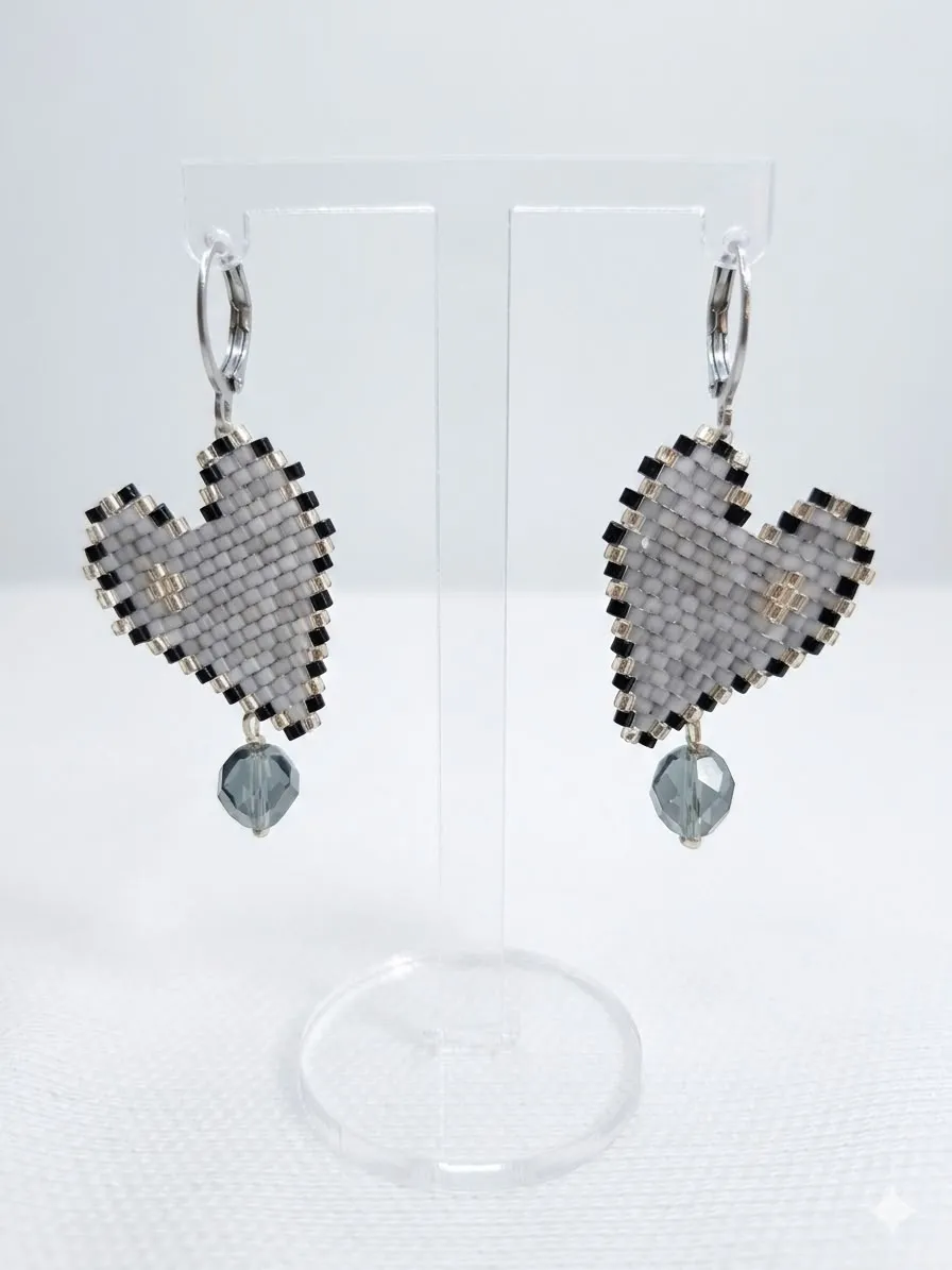 Pendientes corazón negro/gris con delicas miyuki - Imagen 4
