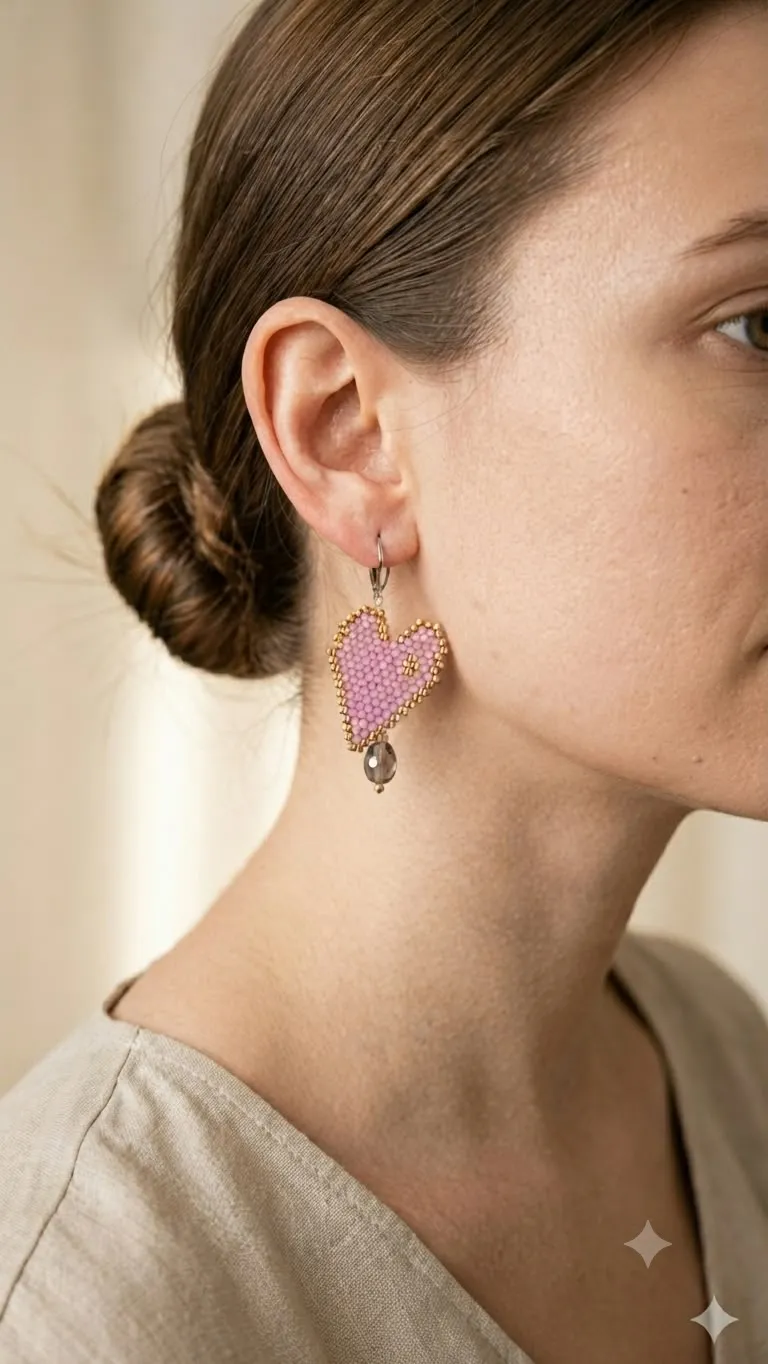 Pendientes corazón rosas con delicas miyuki - Imagen 3