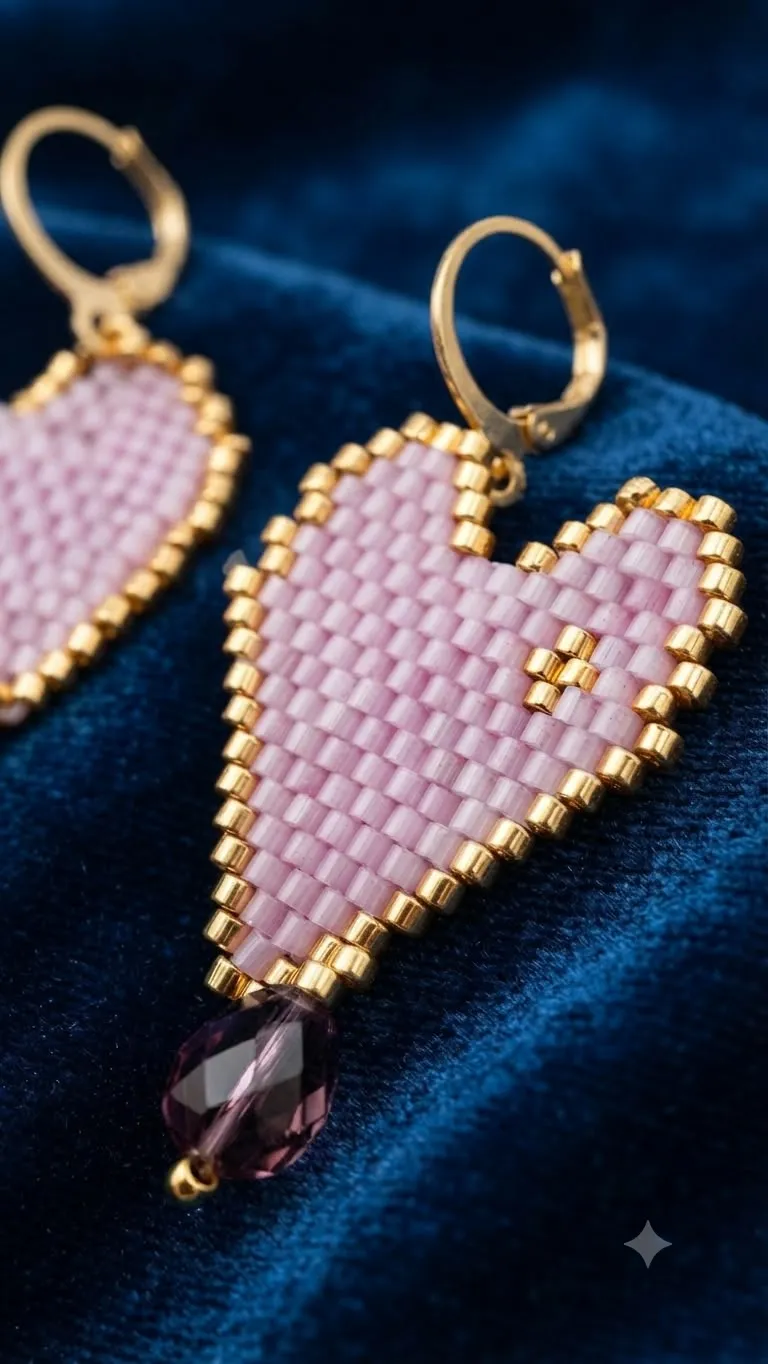 Pendientes corazón rosas con delicas miyuki - Imagen 2