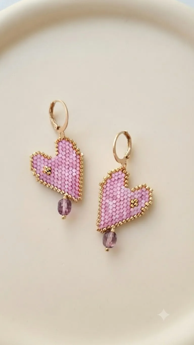 Pendientes corazón rosas con delicas miyuki