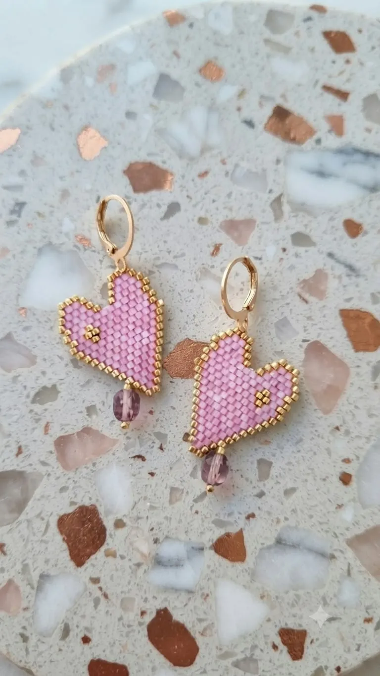Pendientes corazón rosas con delicas miyuki - Imagen 4