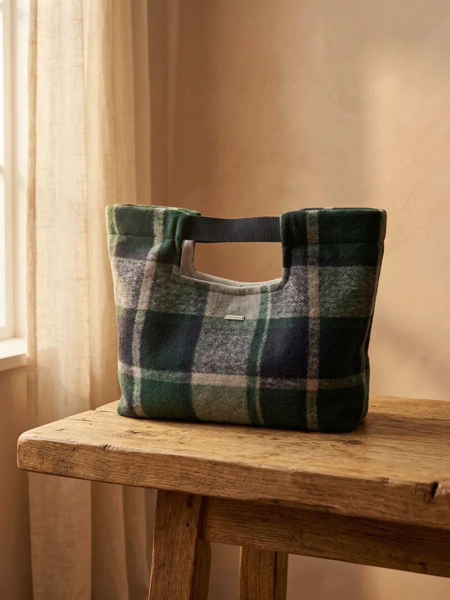 Bolso Tote de cuadros verdes y azules