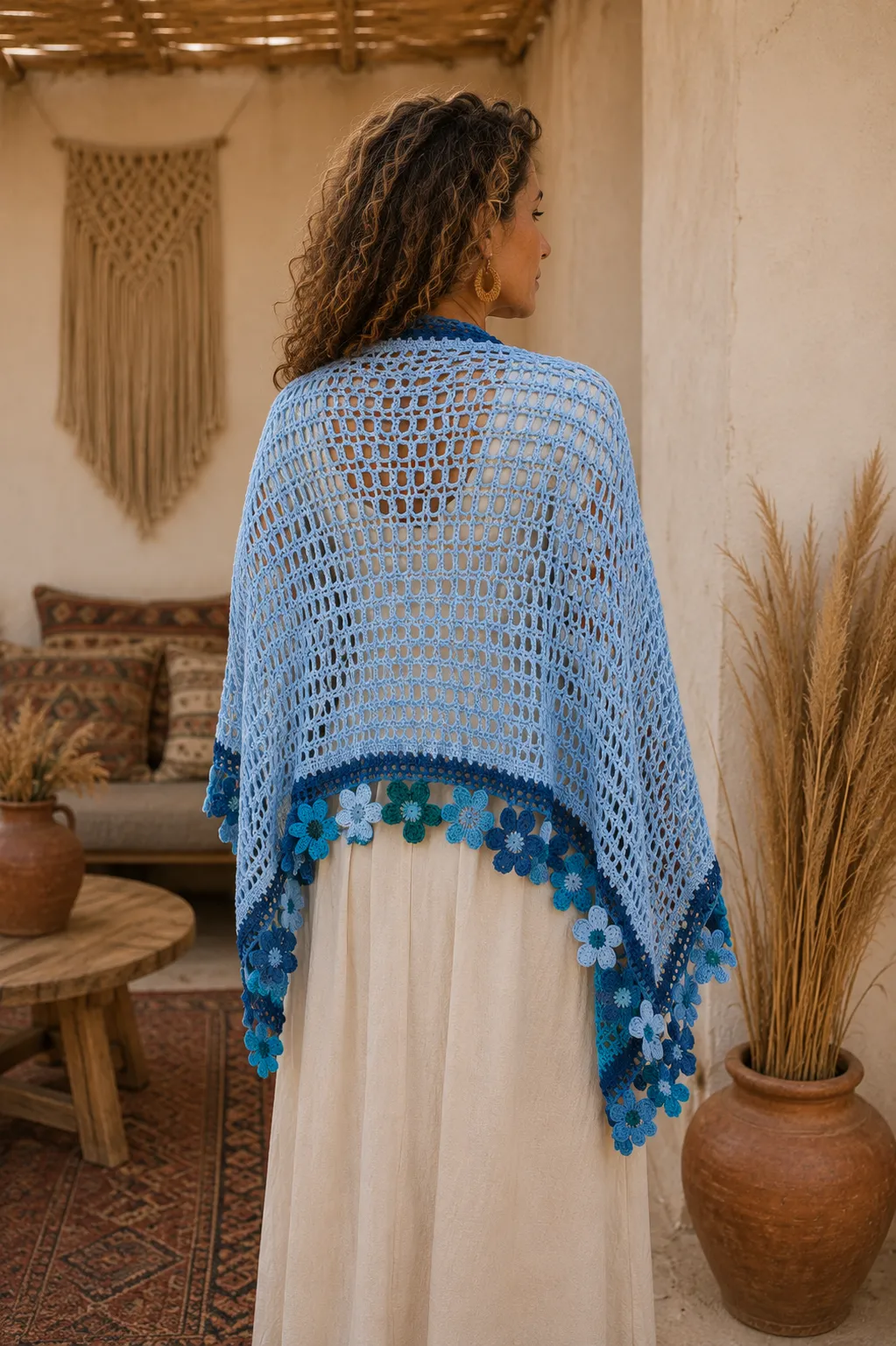 Chal rectangular flores azul