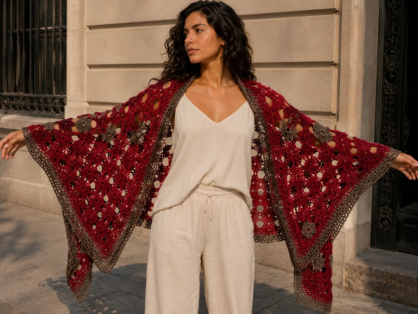 Chal rectangular viscosa rojo y gris