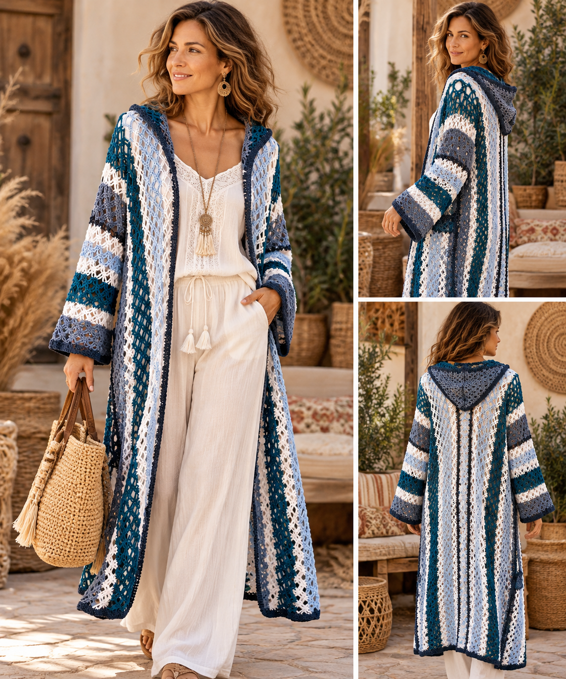 kimono a rayas azules con capucha